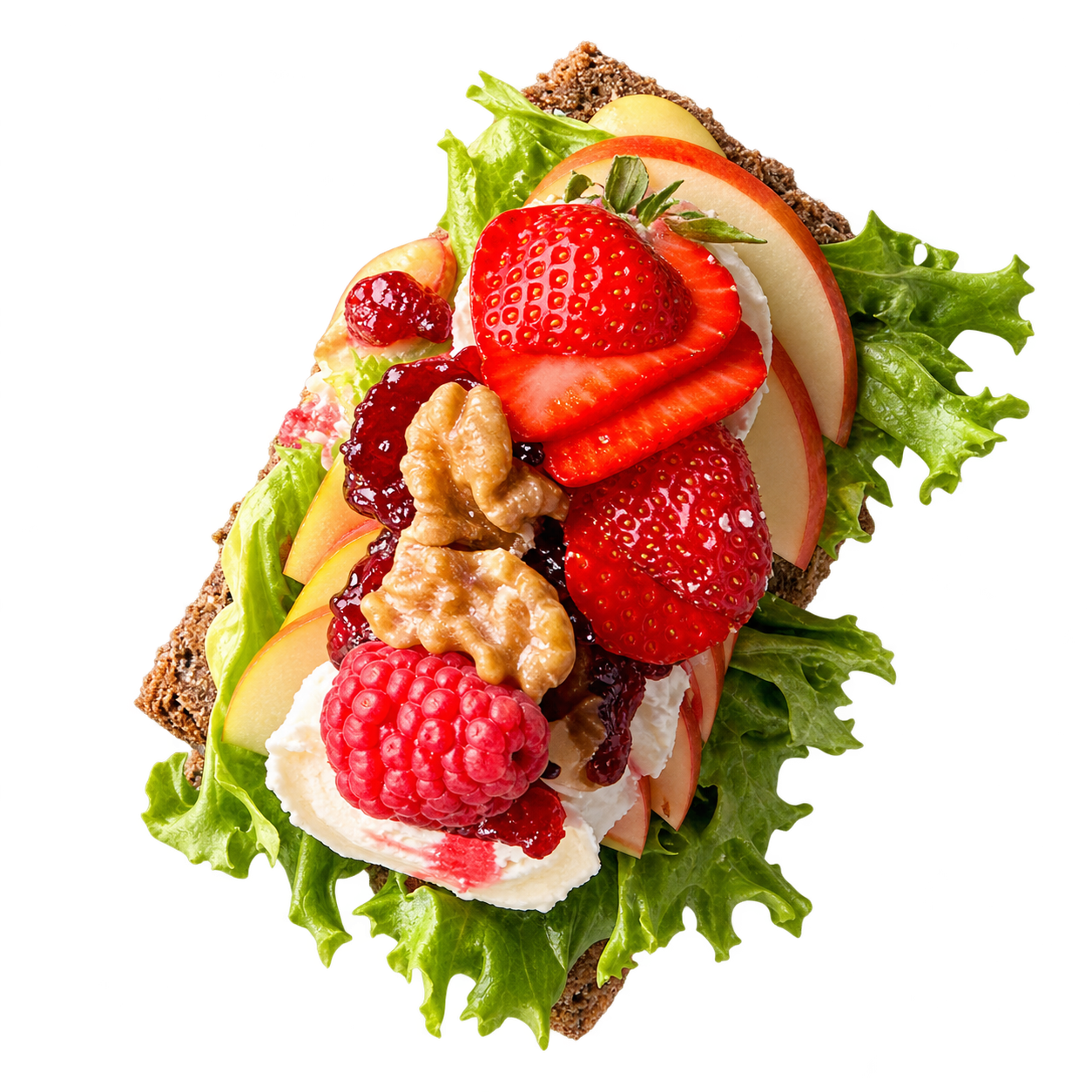 Smørrebrød mit Ziegenkäse, Früchten und Walnüssen – freigestellte Food-Illustration